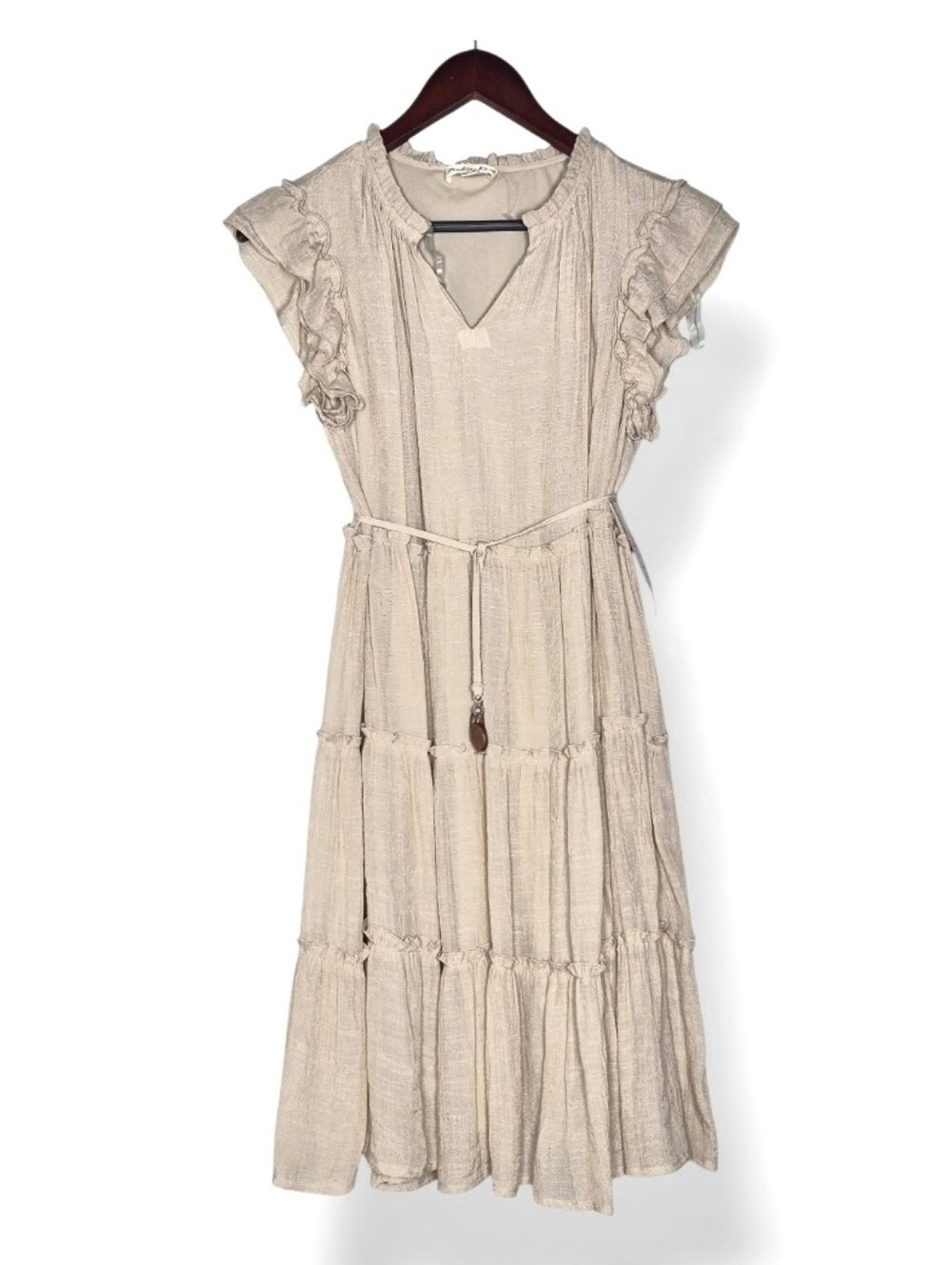 Indigo Rose Ruffle Flutter Sleeve Tiered Gauze Midi Dress oatmeal beige  PM NWT